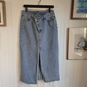 Women's Blue Denim Midi Skirt High Slit Raw Hem Asymmetrical Button Closure